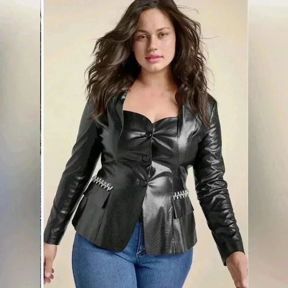 Chic Black Leather Jacket.  
Snake Embossed Faux Leather Embellished Blazer - Picture 1 of 17